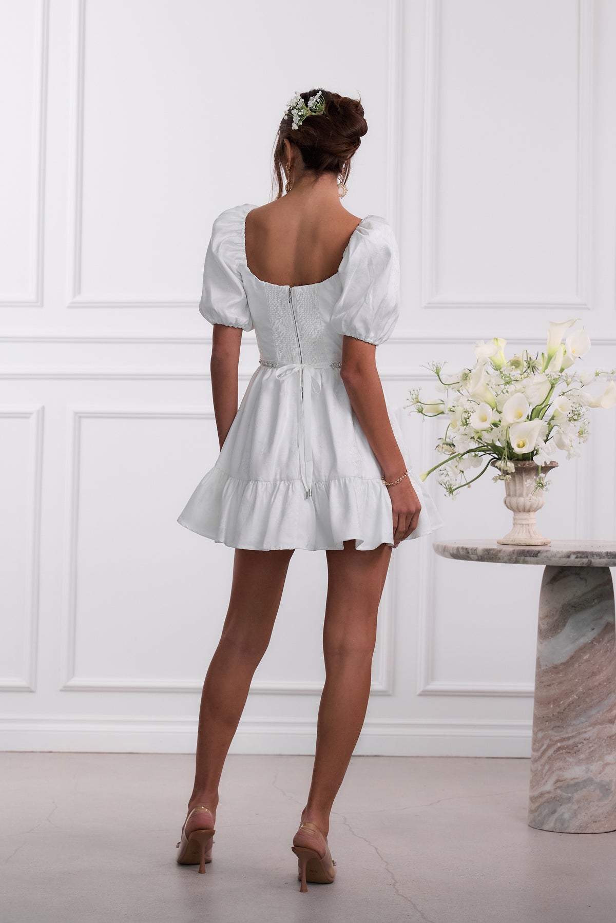 The Emily Dress in White Windsor Brocade