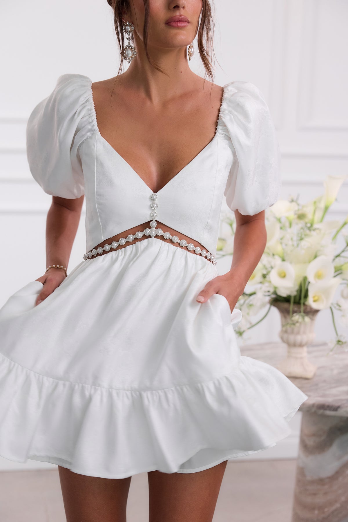 The Emily Dress in White Windsor Brocade