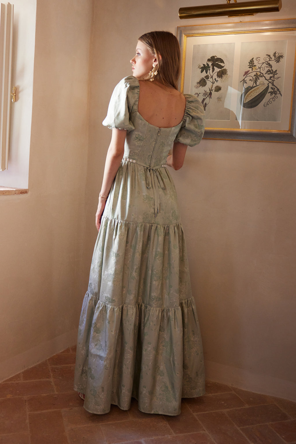 The Emma Dress in Sage Windsor Brocade US 6 / Sage Windsor Brocade The Emma Dress in Sage Windsor Brocade US 6 / Sage Windsor Brocade
