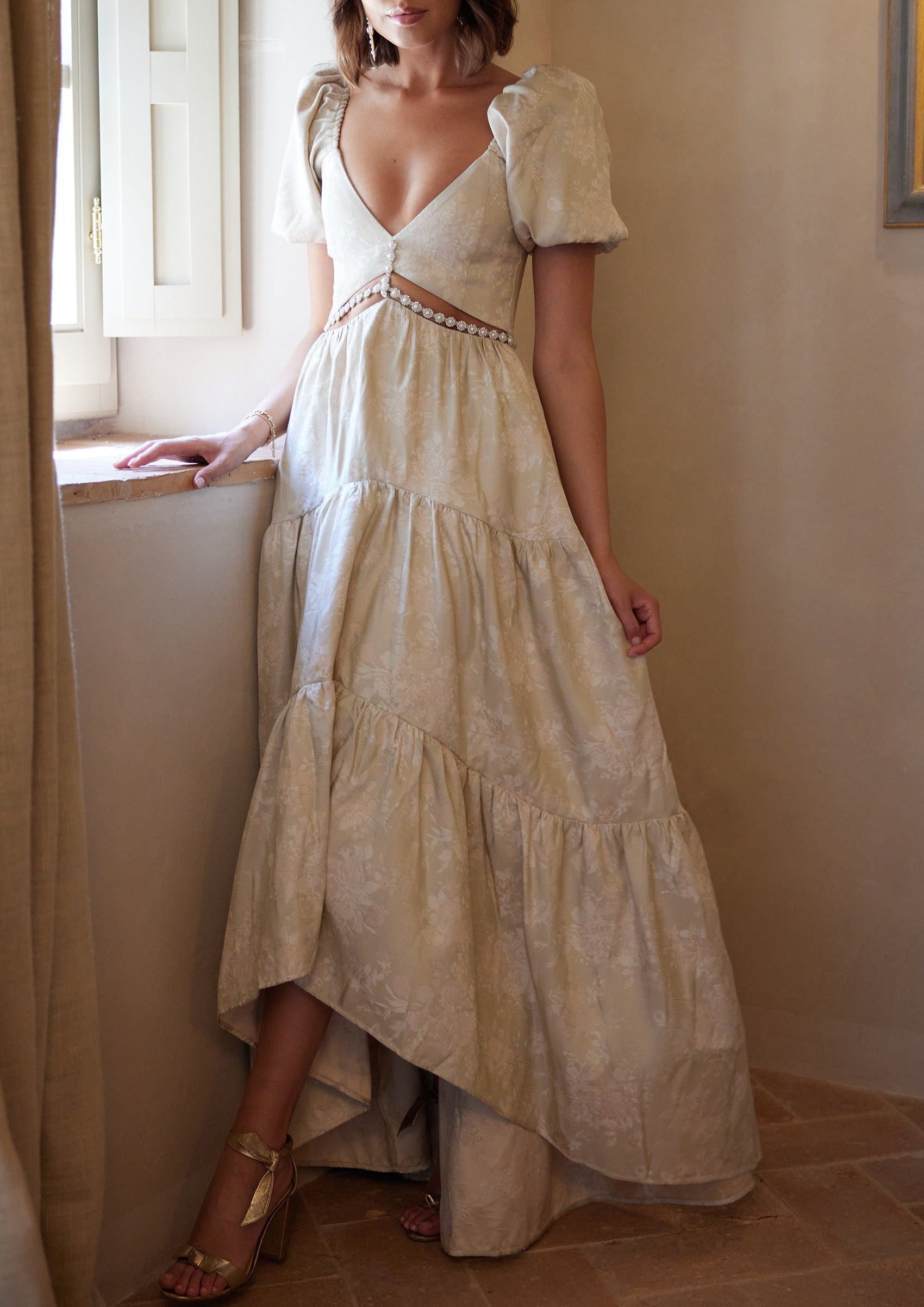 The Emma Dress in Taupe Windsor Brocade | Over The Moon The Emma Dress in Taupe Windsor Brocade | Over The Moon