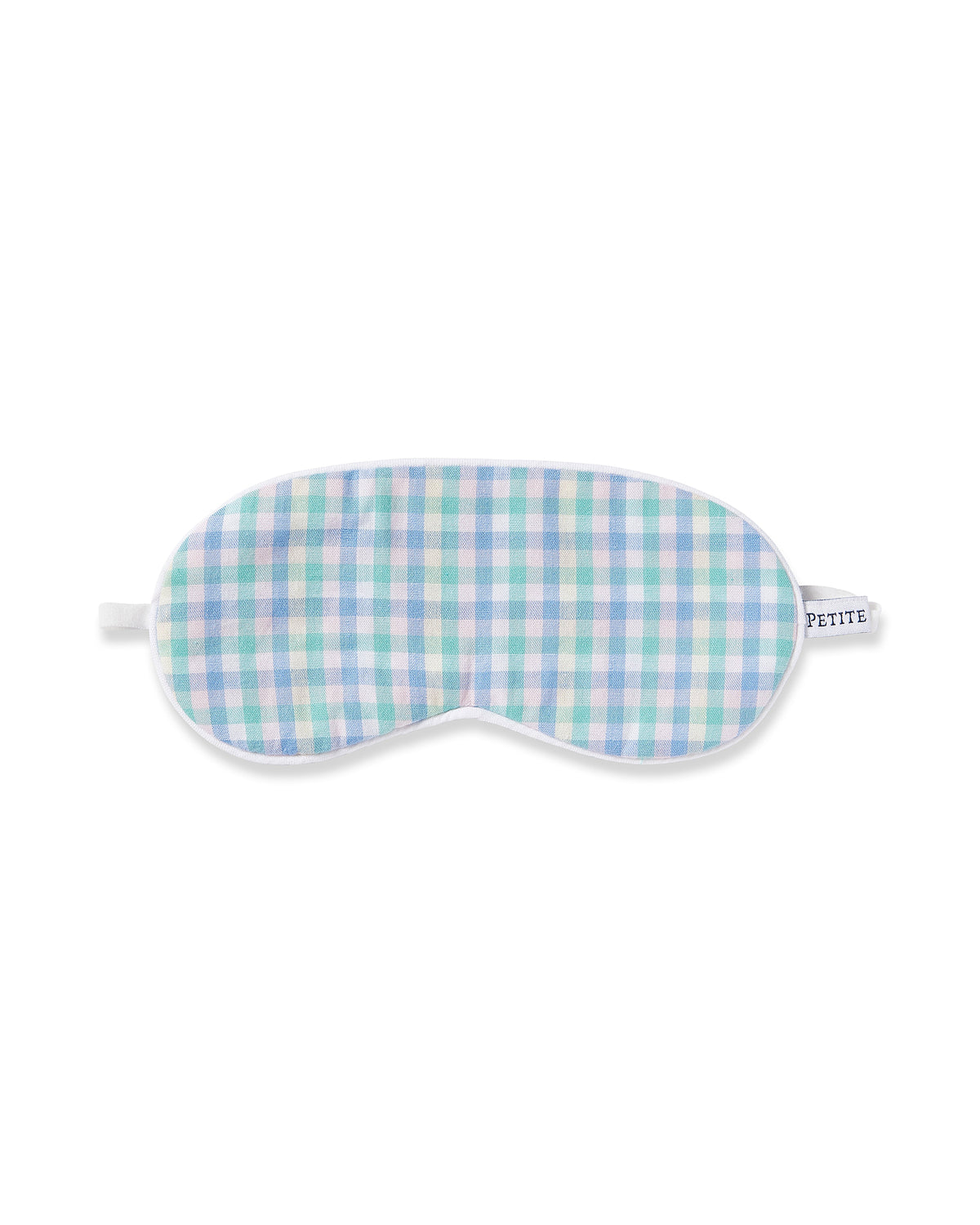 A Kids Twill Sleep Mask in Spring Gingham by Petite Plume, featuring a pastel blue and green pattern with a white elastic band, is isolated on a white background. The mask is ideal for a charming monogrammed gift.