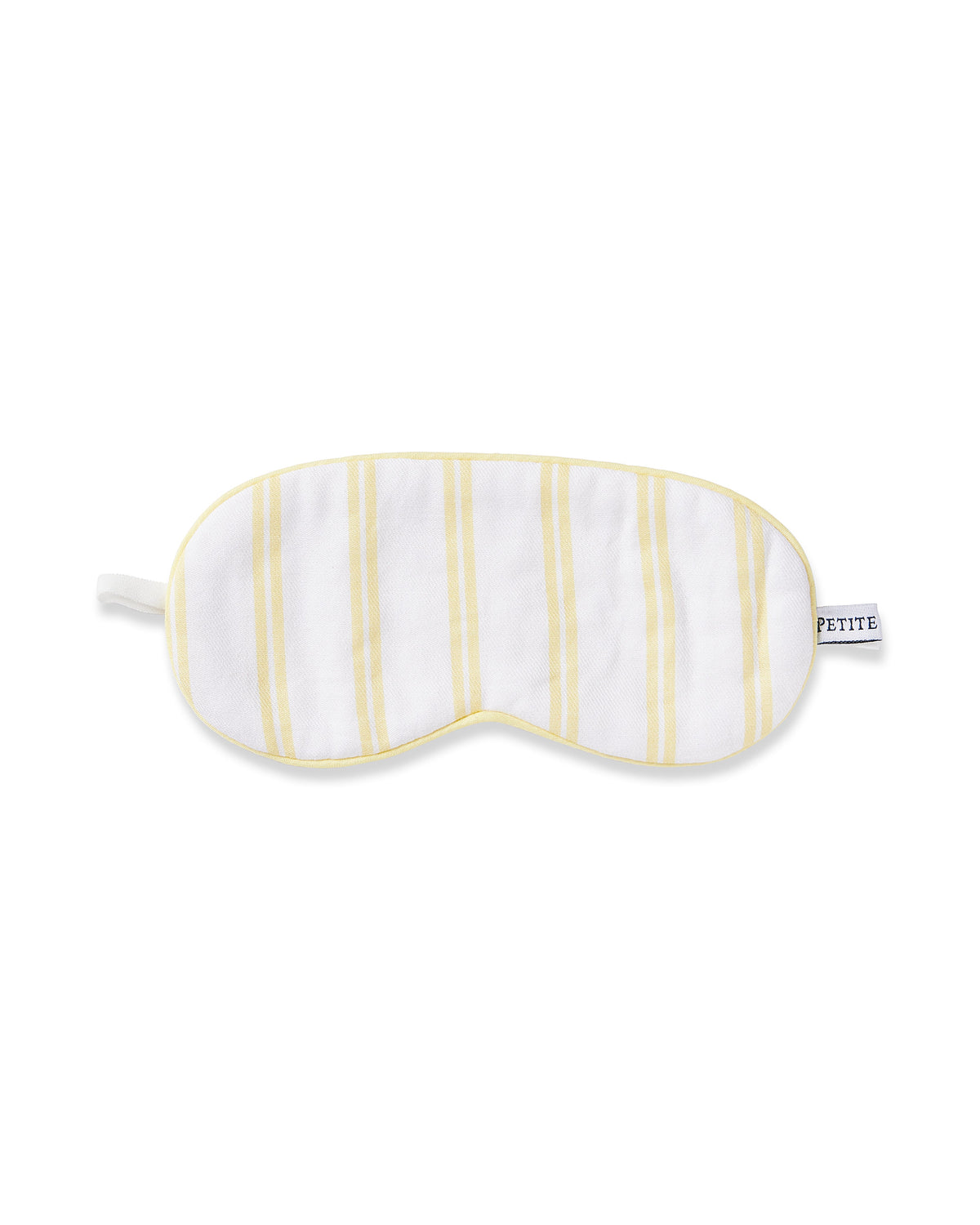 Front view of Kid’s Twill Sleep Mask in Sunny Stripe showcasing yellow stripes and piping on white background