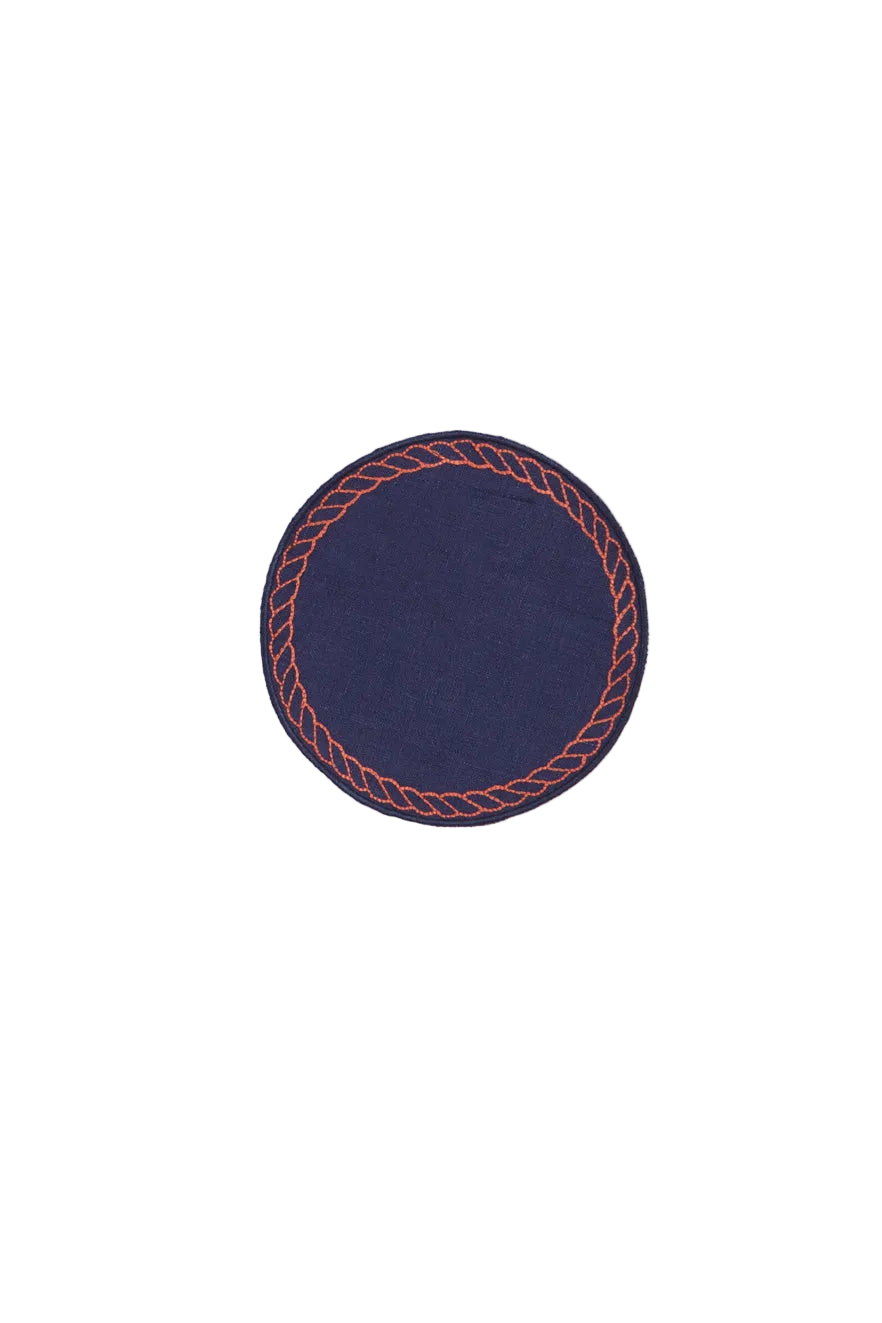 Bowline Linen Coasters in Navy with Blood Orange, Set of 6