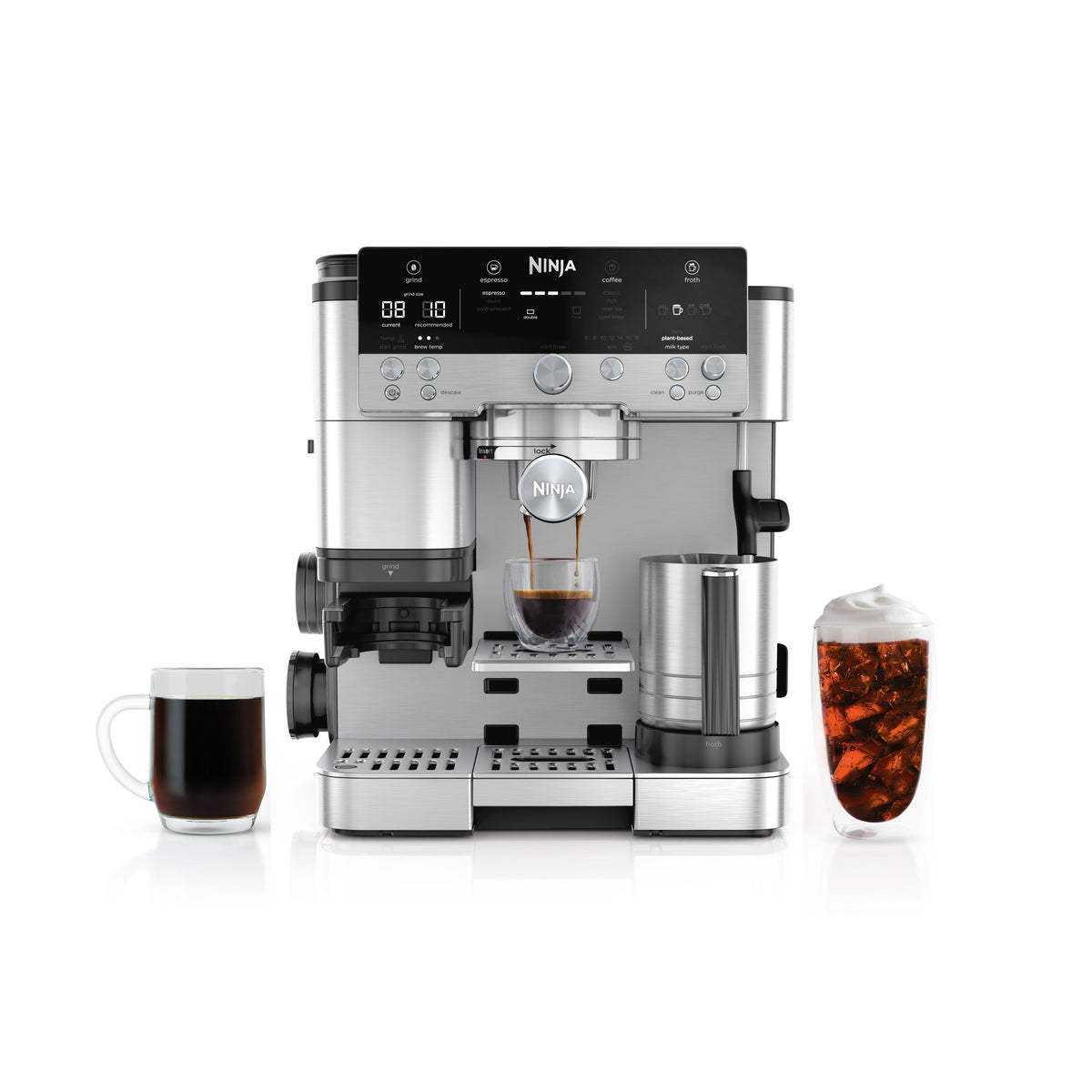 Front view of Luxe Café Premier 3-in-1 Espresso, Drip Coffee & Cold Brew Maker with espresso pouring and milk frother