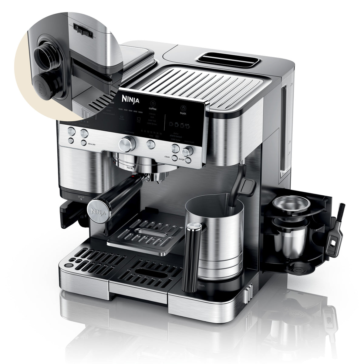 Front three-quarter view of Luxe Café Premier 3-in-1 espresso, drip coffee, and cold brew maker with grinder and milk frother