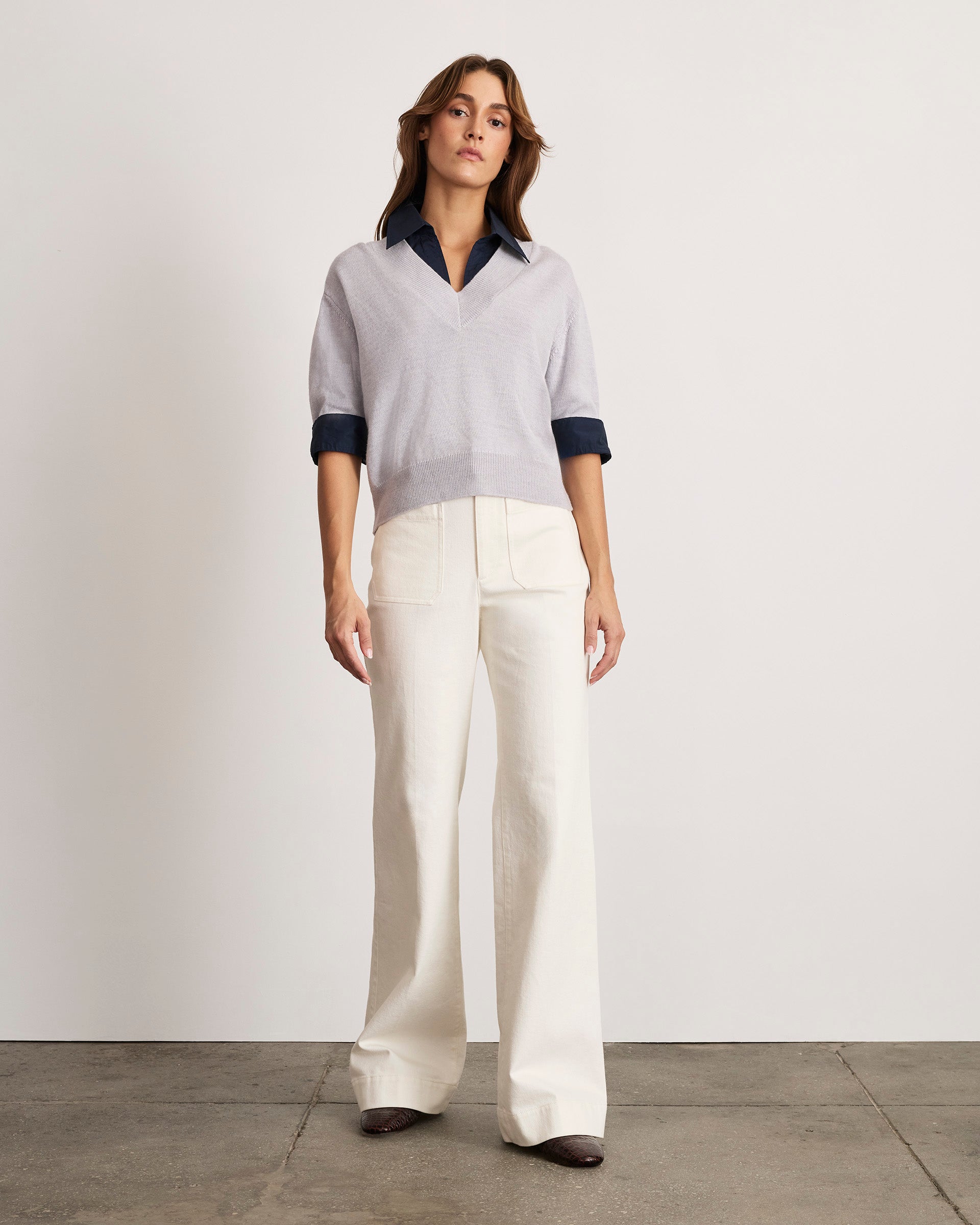 Esme Sweater Top in Light Heather Gray & Maritime Blue