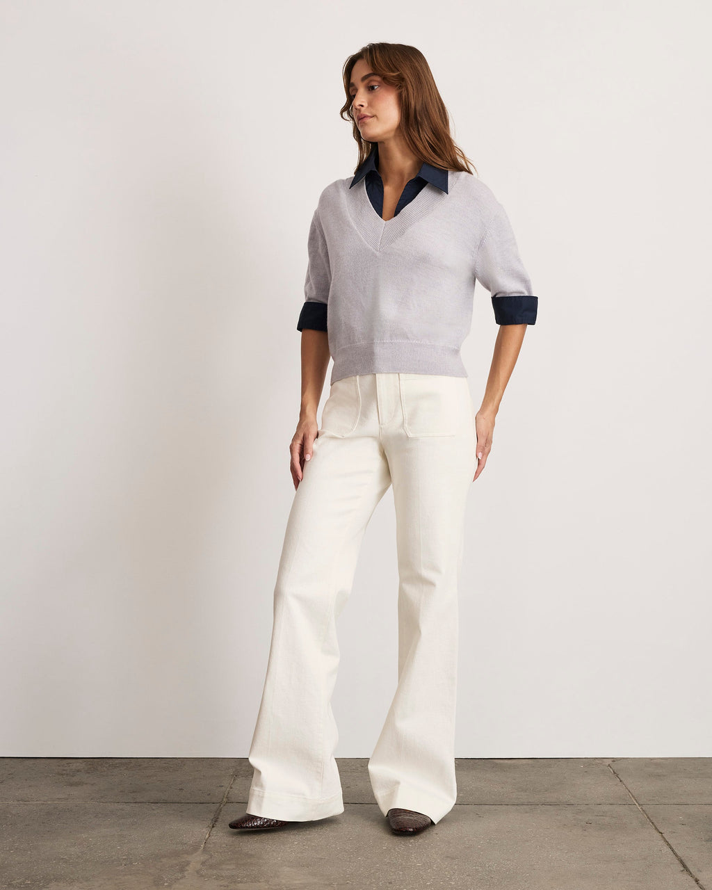 Esme Sweater Top in Light Heather Gray & Maritime Blue