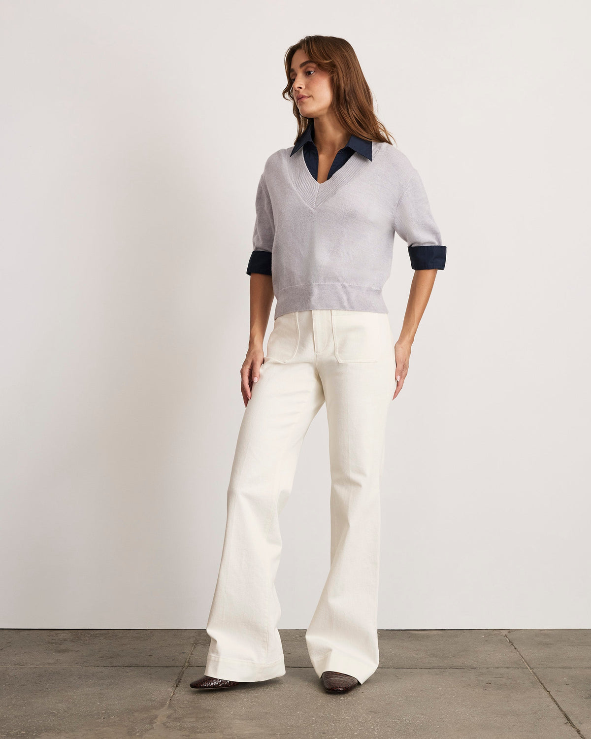 Esme Sweater Top in Light Heather Gray & Maritime Blue