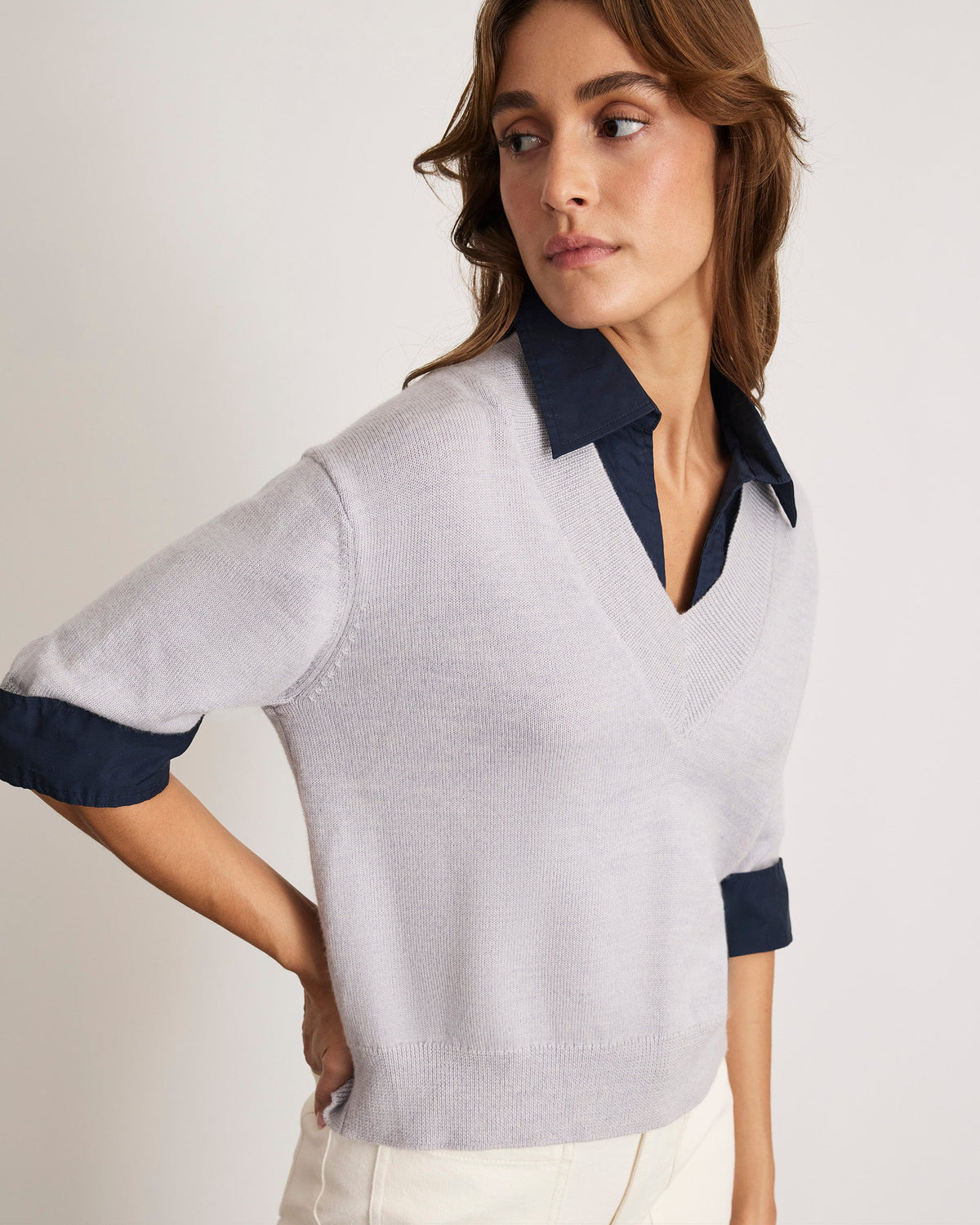Esme Sweater Top in Light Heather Gray & Maritime Blue