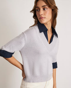 Esme Sweater Top in Light Heather Gray & Maritime Blue