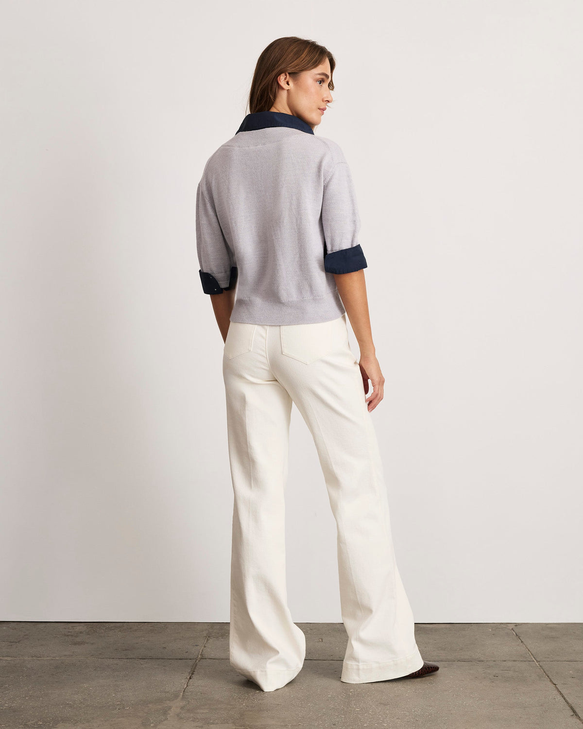 Esme Sweater Top in Light Heather Gray & Maritime Blue