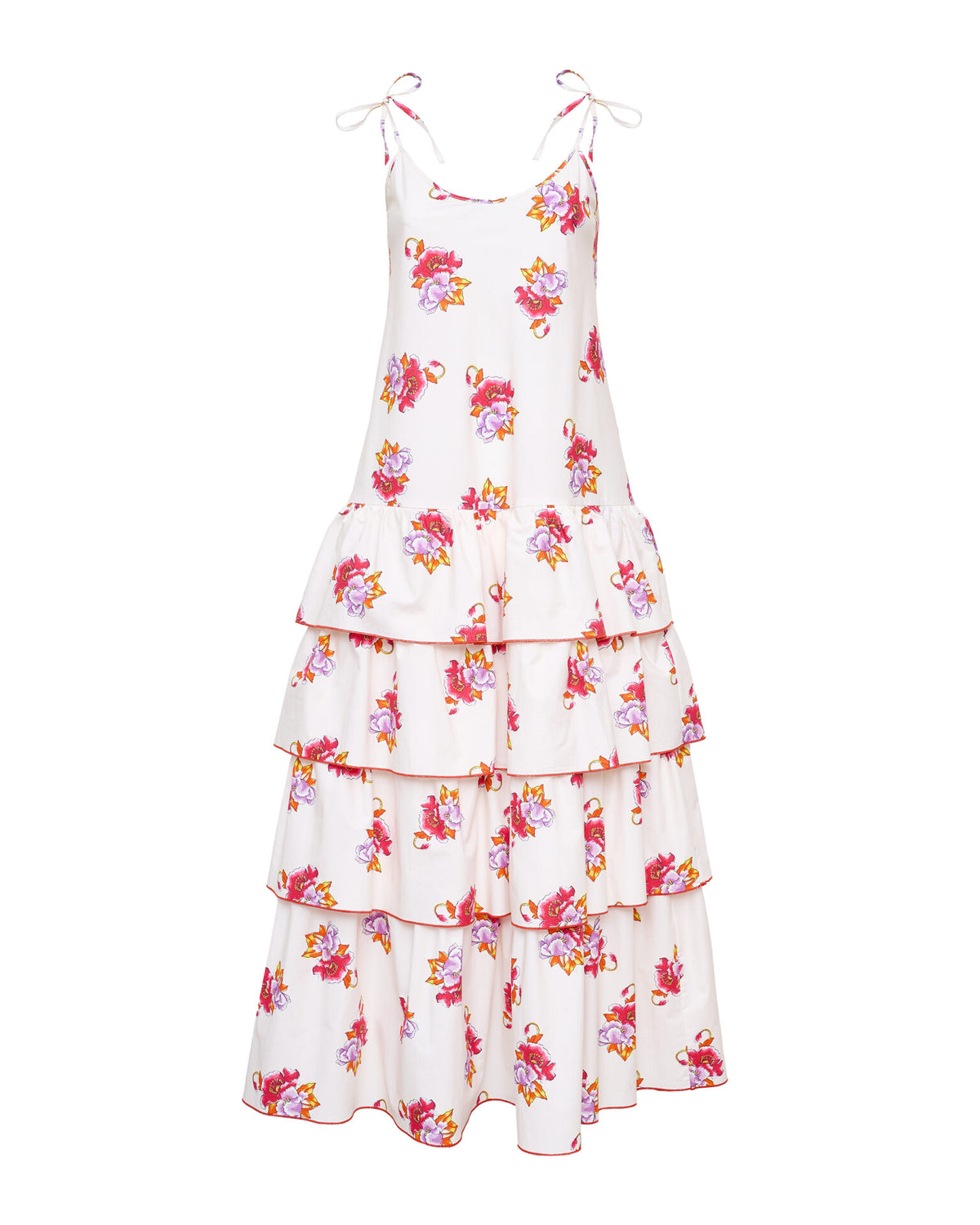 Front view of Evangeline Maxi Dress showcasing tiered ruffle skirt, tie spaghetti straps, and Mortella floral print on white background