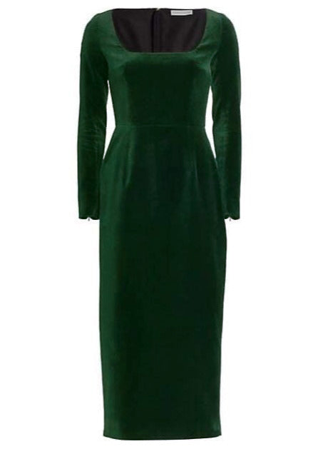 Front view of Nyla velvet dress in dark green with square neckline and pencil skirt