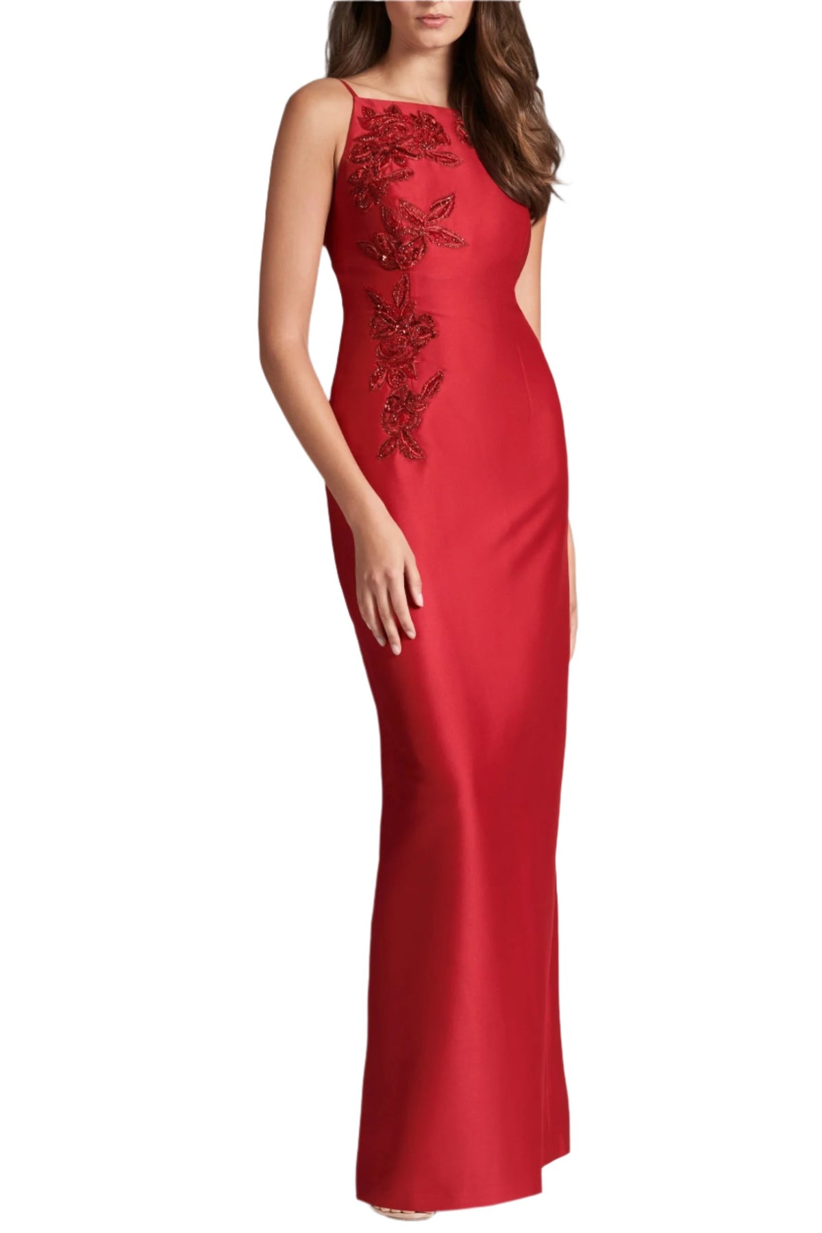 Front view of Embellished Pryce Gown in Holly Red showcasing crystal embellishment and column fit on a model
