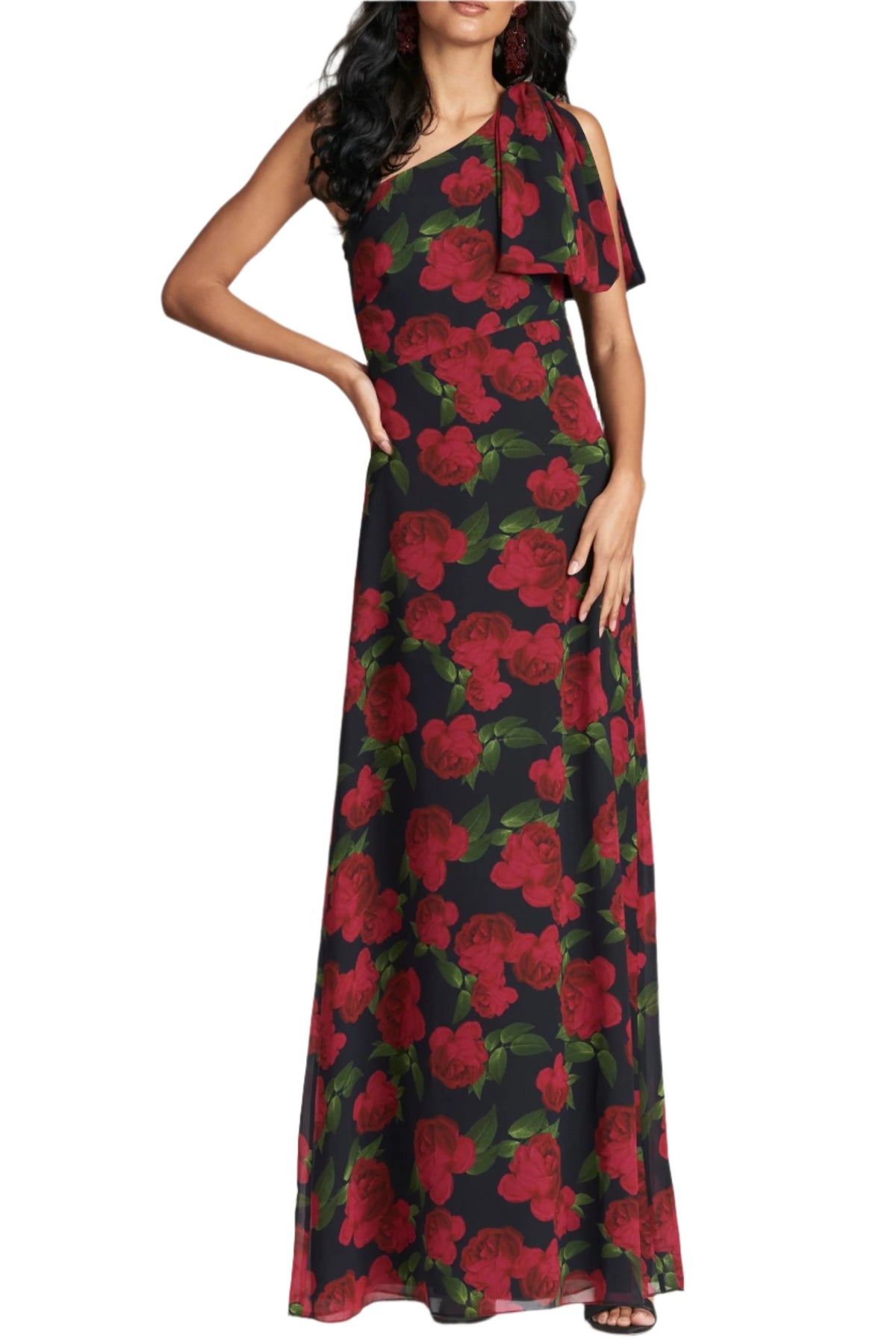 Front view of Chelsea Gown in Ruby Tea Roses showcasing red floral print, column fit, and shoulder bow on a model