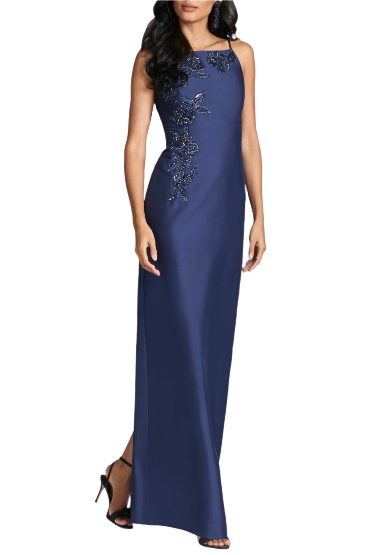 Front view of Embellished Pryce Gown in Night Sky showing crystal embellishment and column silhouette on a model