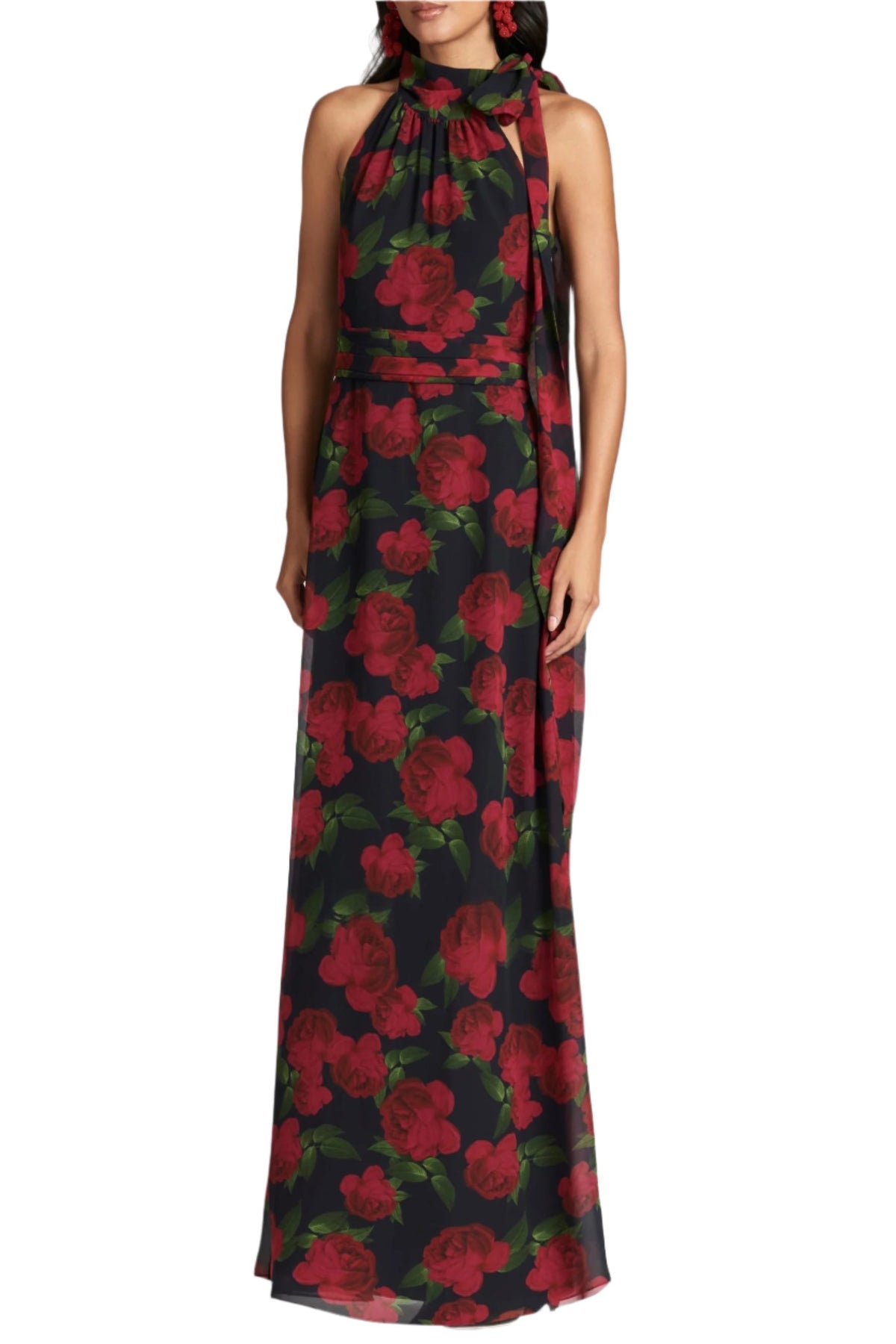 Front view of Kayla Gown in Ruby Tea Roses showcasing self tie neckline and pleated waistband with white background