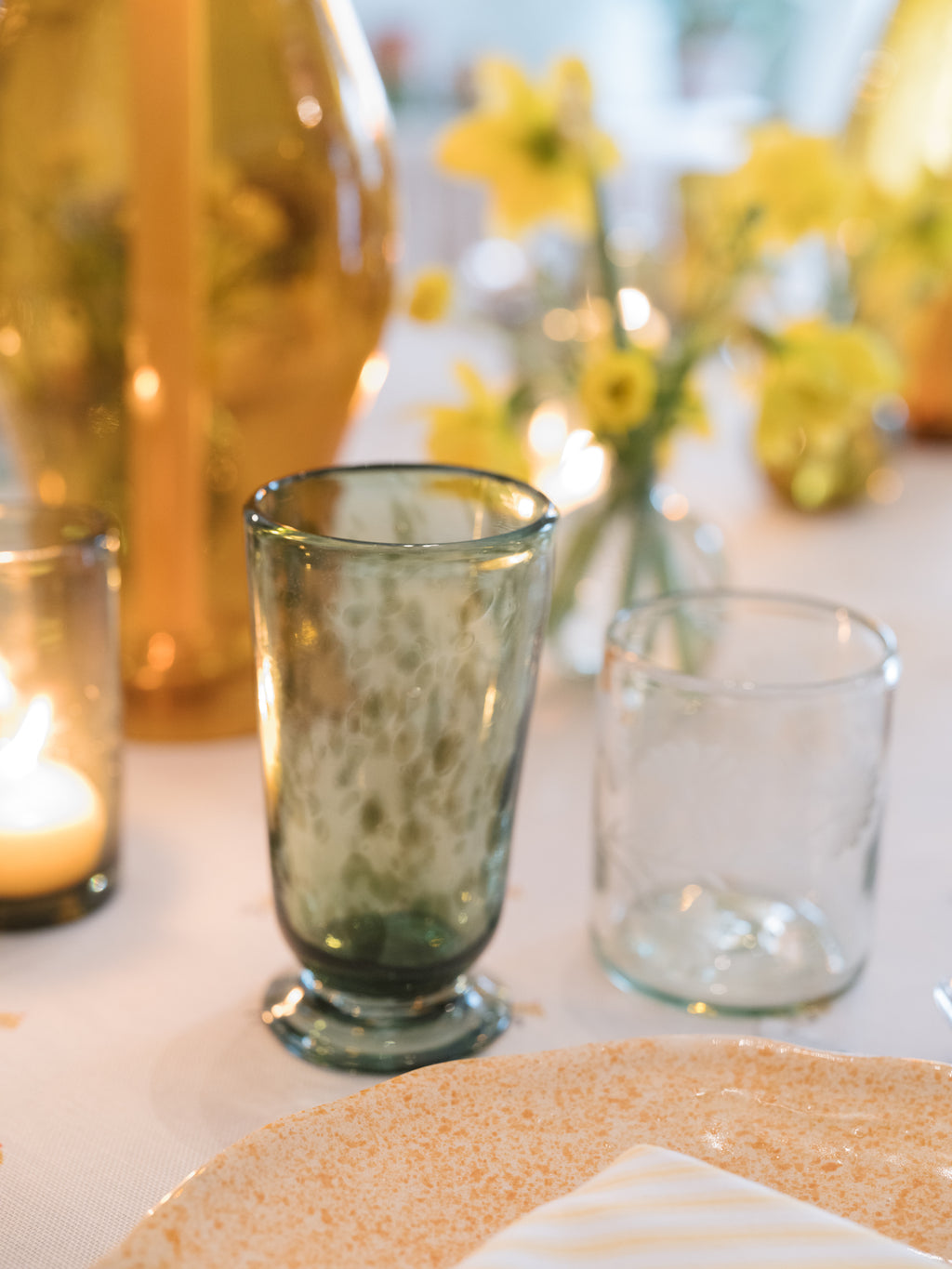 Marble Footed Glassware in Olive, Set of 4