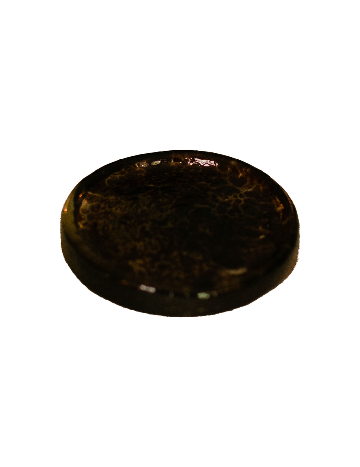 Angled front view of glass trivet in olive showcasing marbled glossy finish on white background