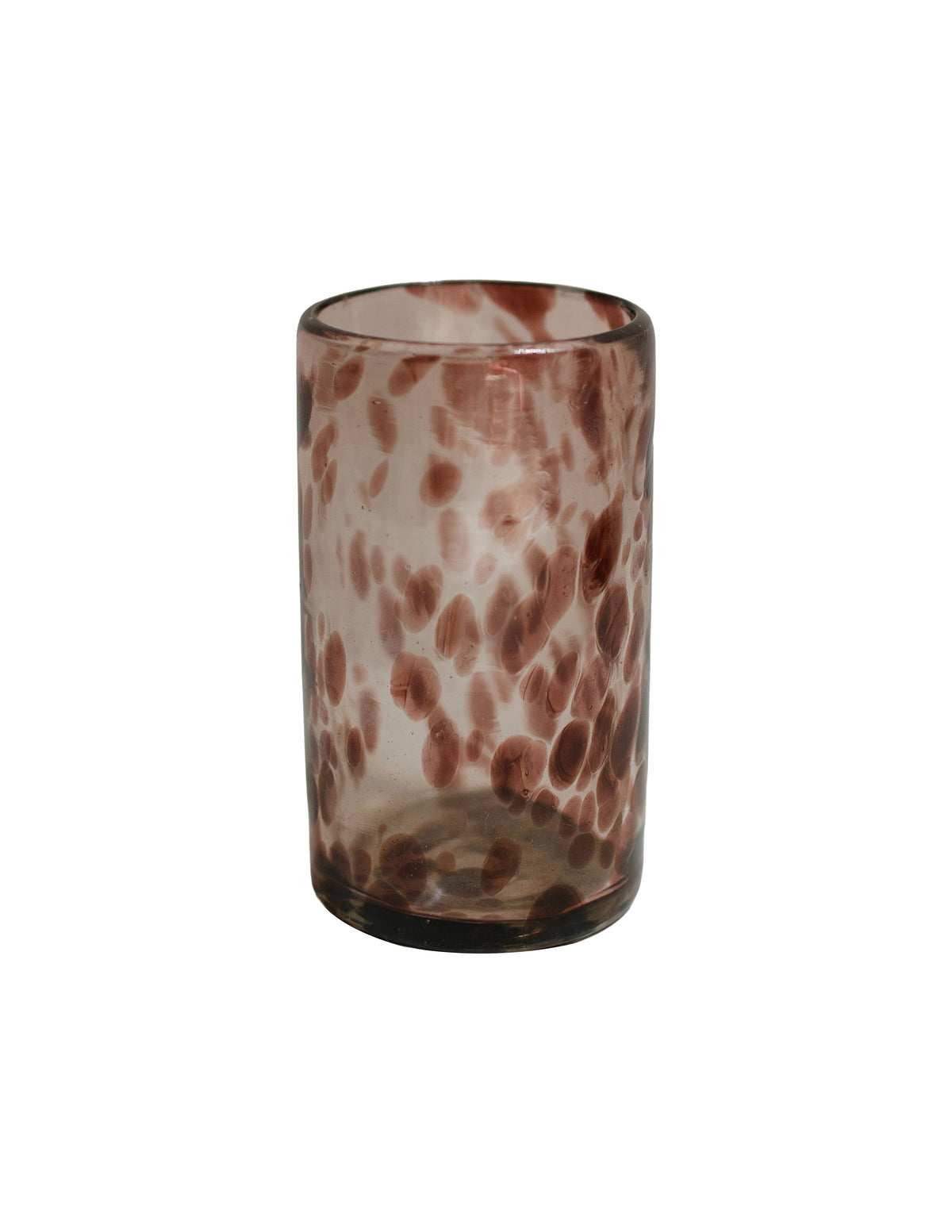Front view of amethyst marbled glass votive showcasing marbled pattern and elongated silhouette on white background