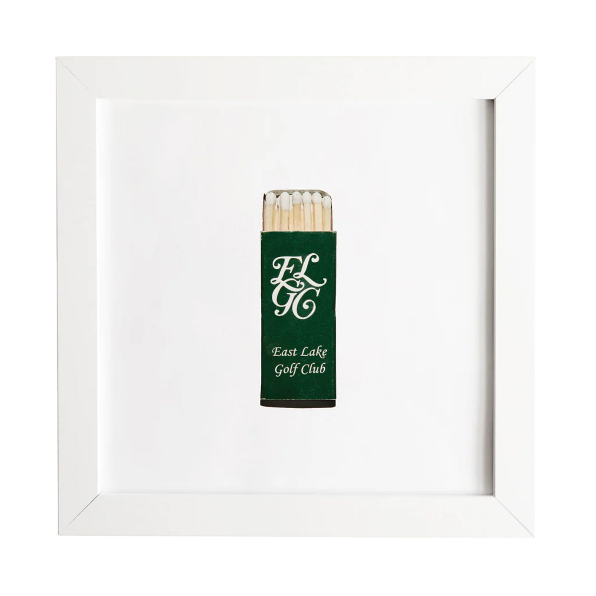 Front view of framed East Lake Golf Club matchbook print showcasing green matchbook with ELGC monogram and white square frame