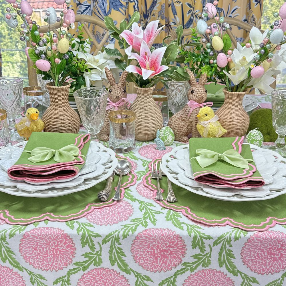 Easter tablescape, Easter placemat , Easter Napkin, green and pink embroidered placemat, green and pink embroidered napkin
