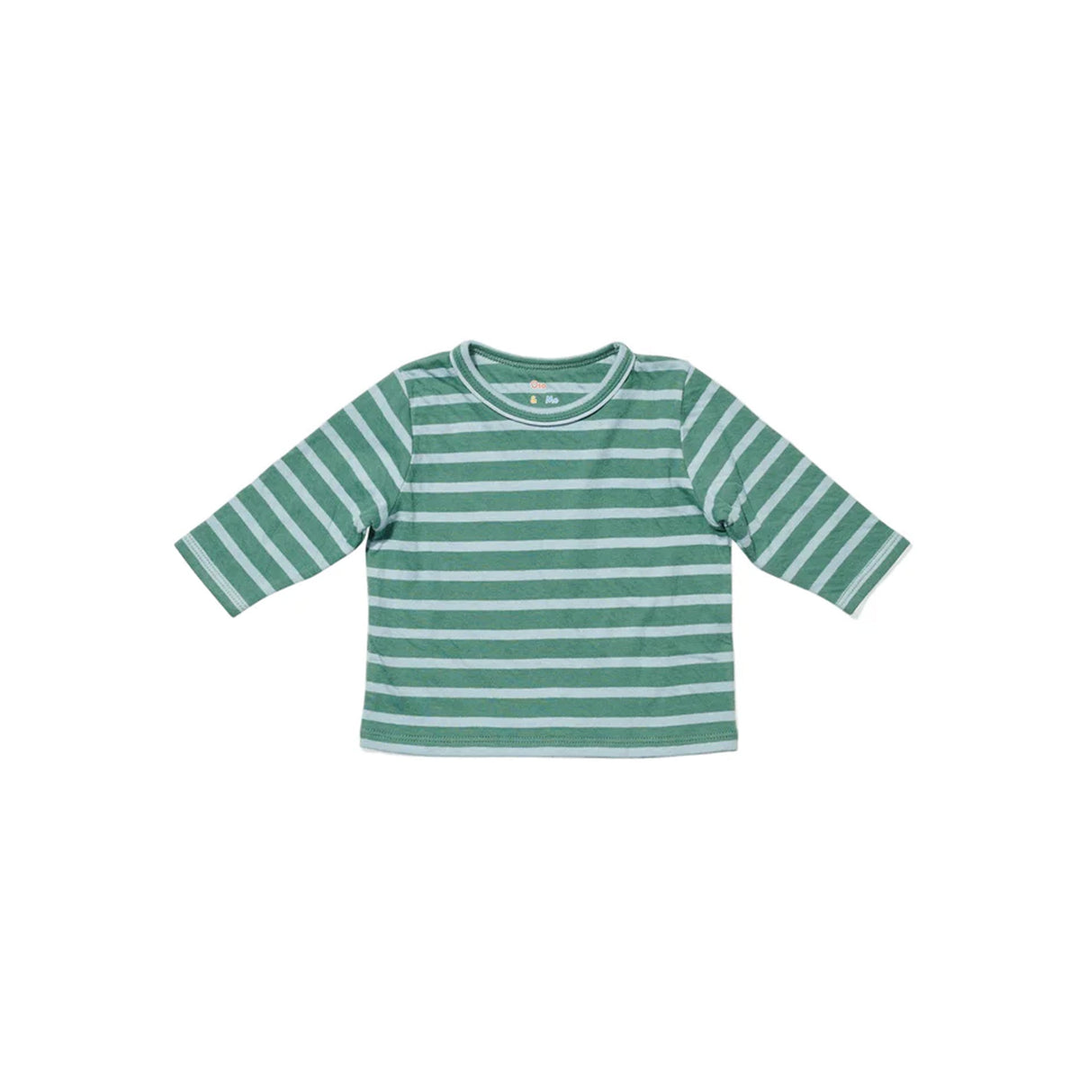 Front view of Edward Baby T-Shirt in Forest Stripe showcasing green and light stripes with contrast piping on a white background