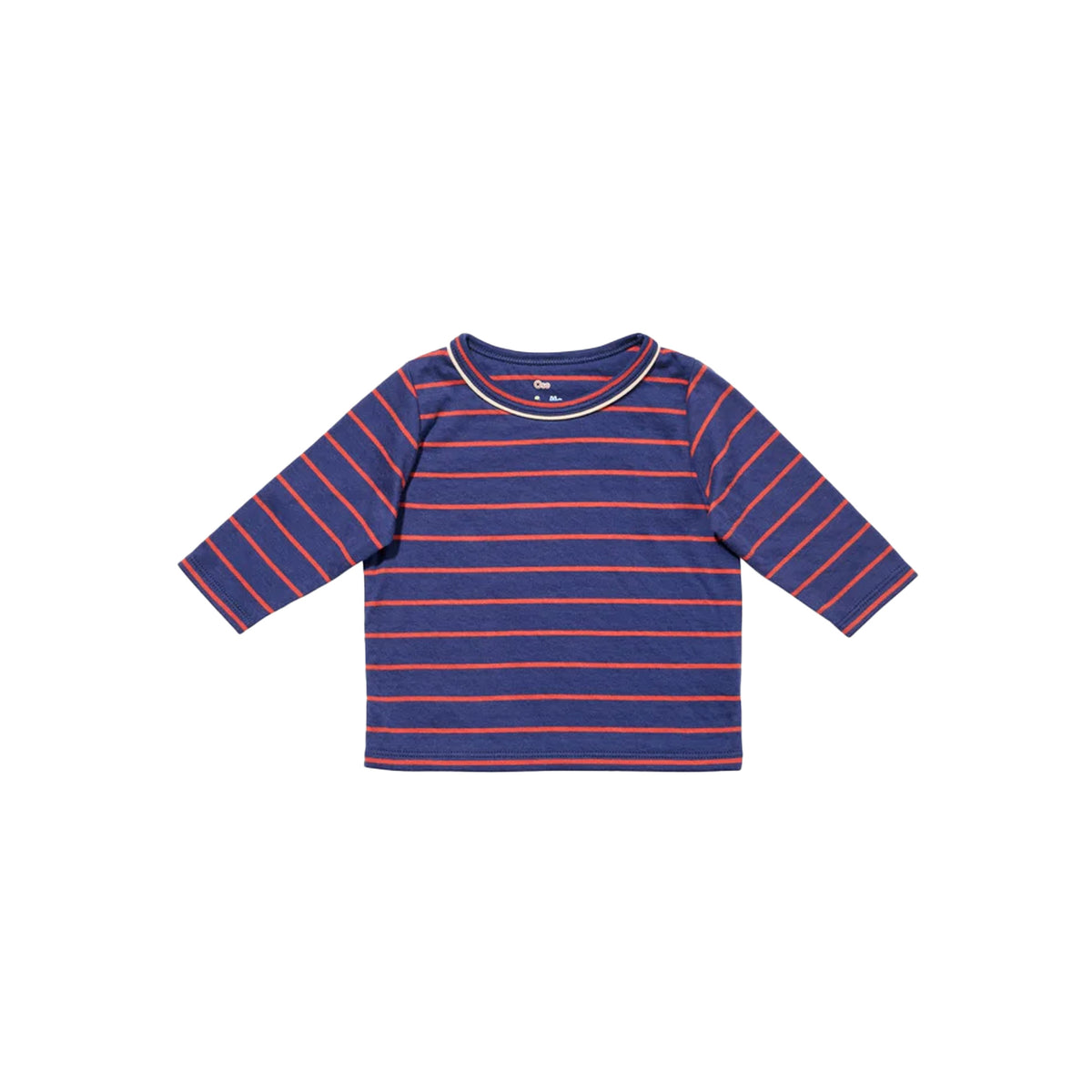 Front view of Edward Baby T-Shirt in Navy Fine Stripe showcasing long sleeves, contrast piping, and horizontal stripes on a white background
