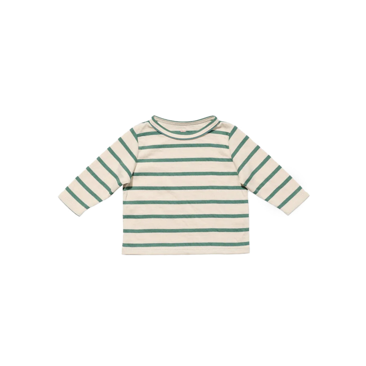 Front view of Edward Baby T Shirt in Pine Stripe showcasing long sleeves with contrast piping on a white background