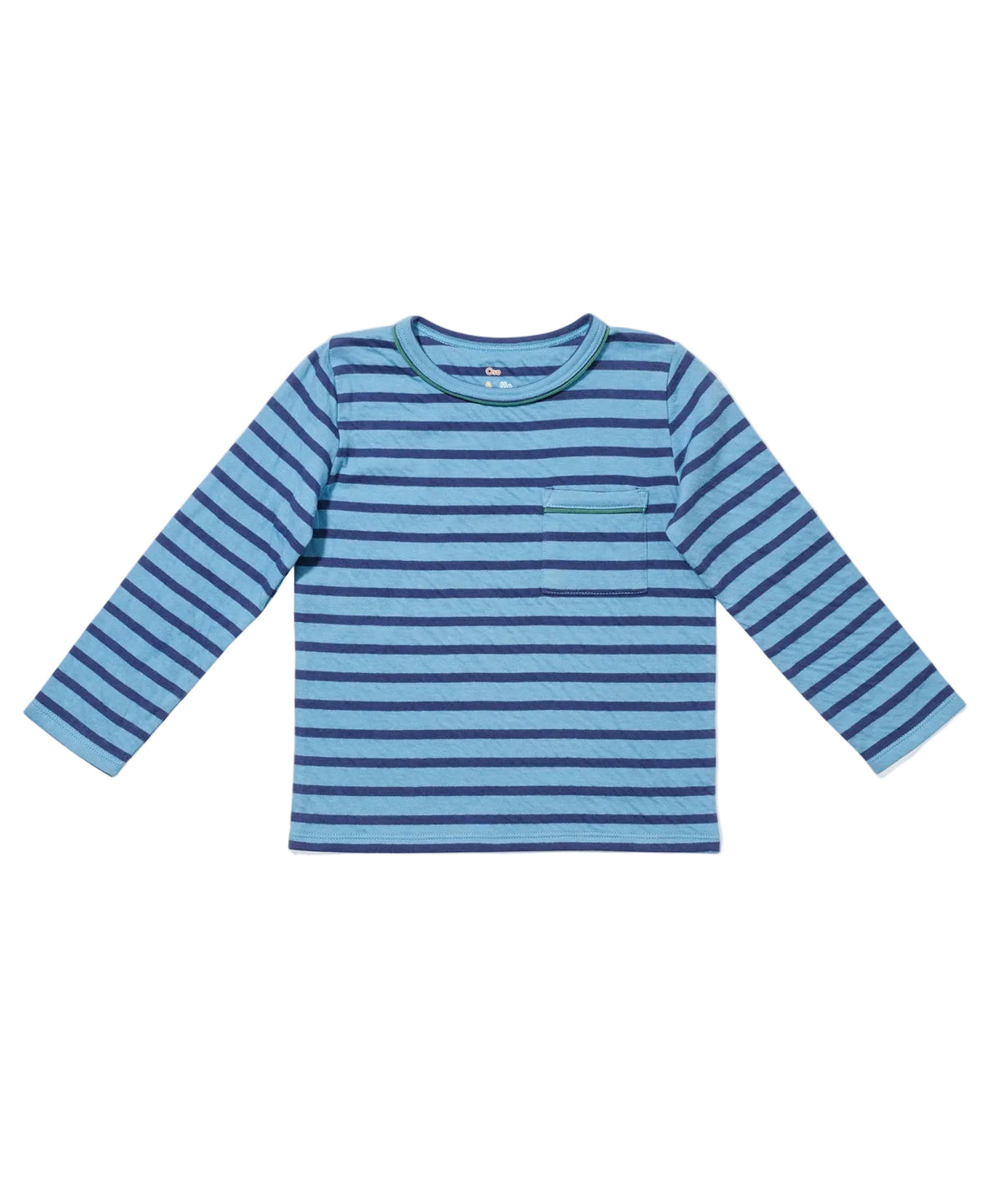 Front view of Edward T-Shirt long-sleeve in ocean stripe showcasing chest pocket and contrast piping on white background