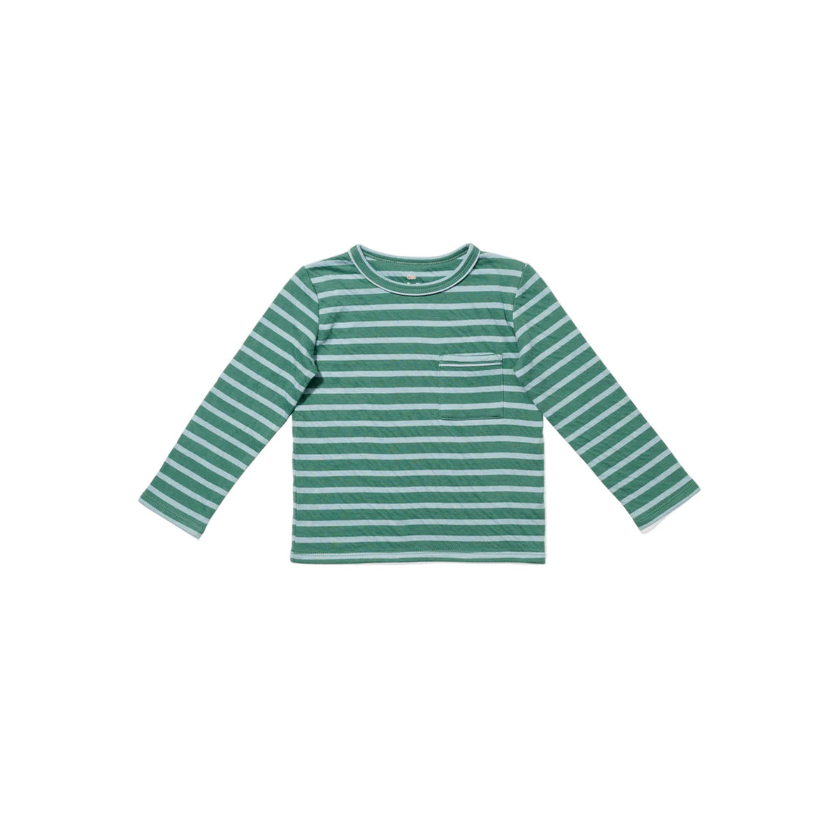 Front view of Edward long-sleeve T-shirt in forest stripe showing chest pocket and contrast neck piping on white background