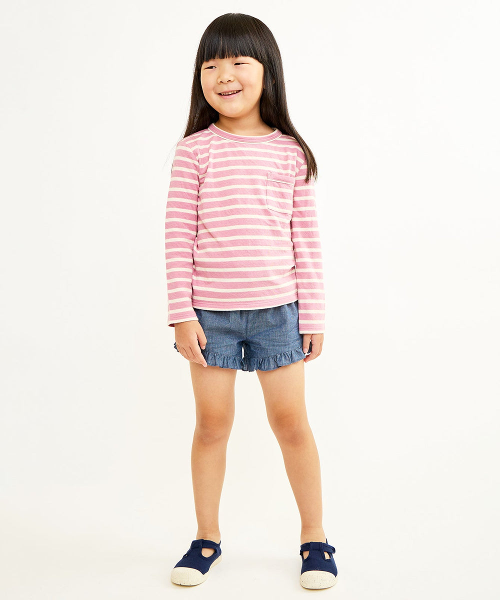 Front view of Edward T-Shirt in rose stripe on child model, long sleeves and chest pocket with contrast piping, white background