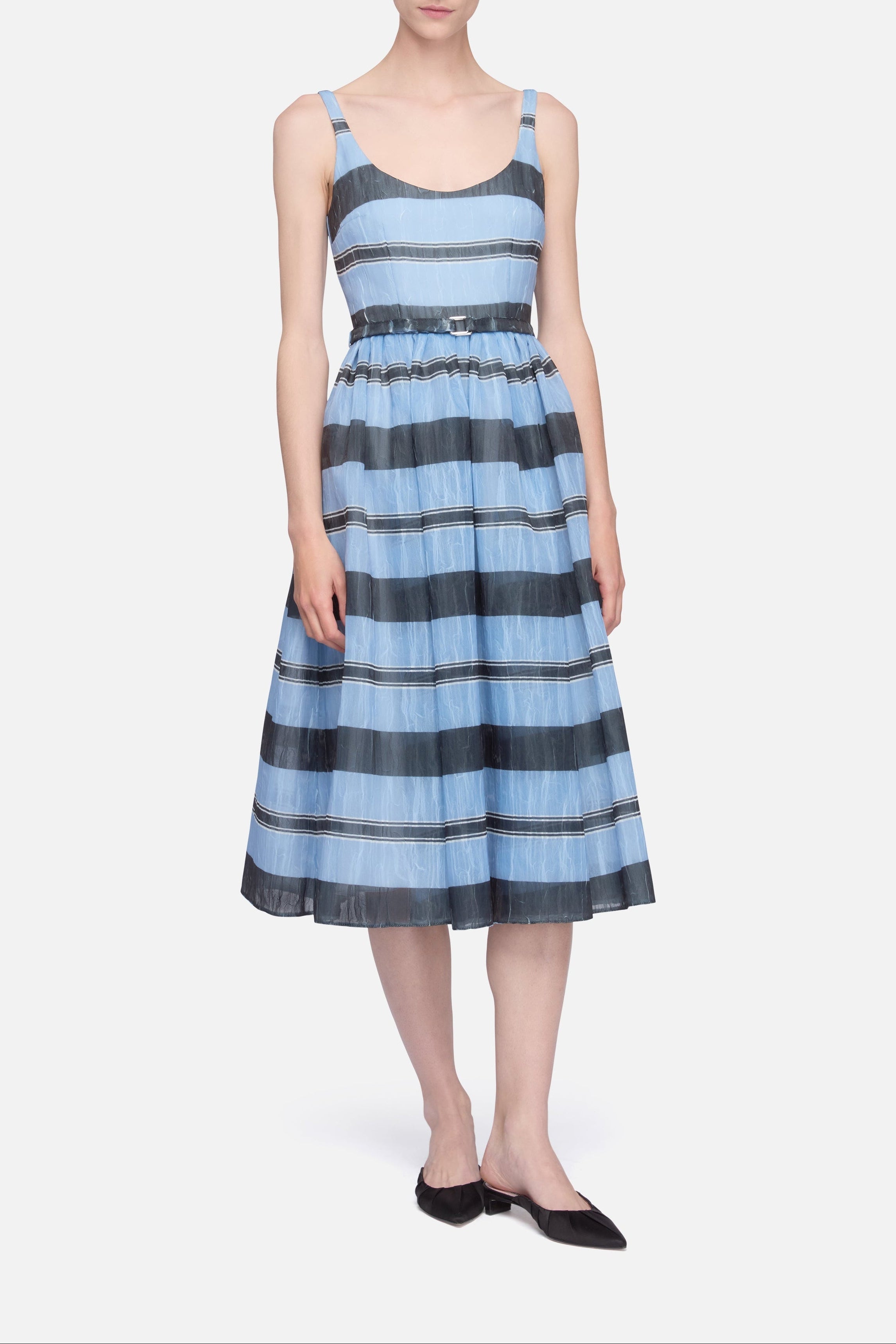 Eglantine Dress in Blue & Black Striped Textured Organza