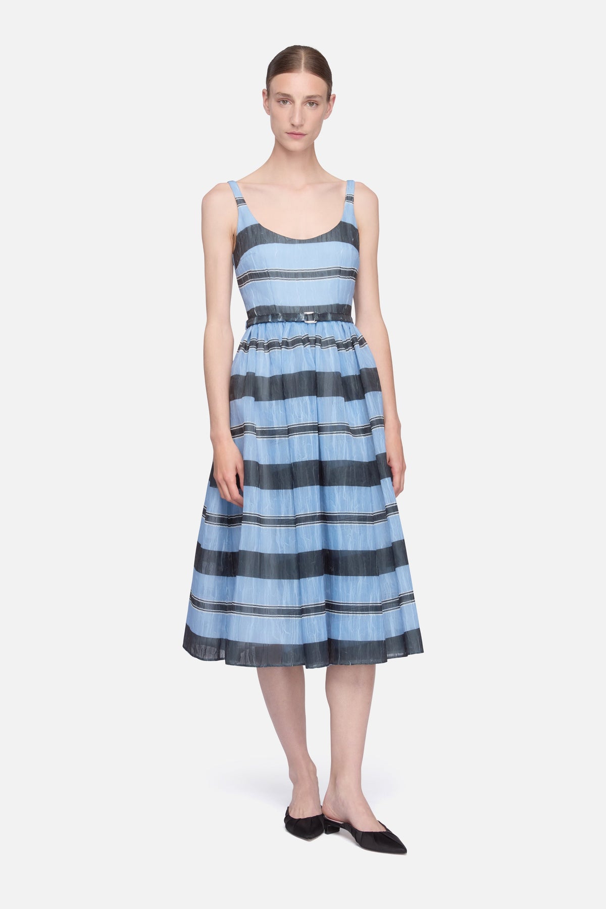 Eglantine Dress in Blue & Black Striped Textured Organza
