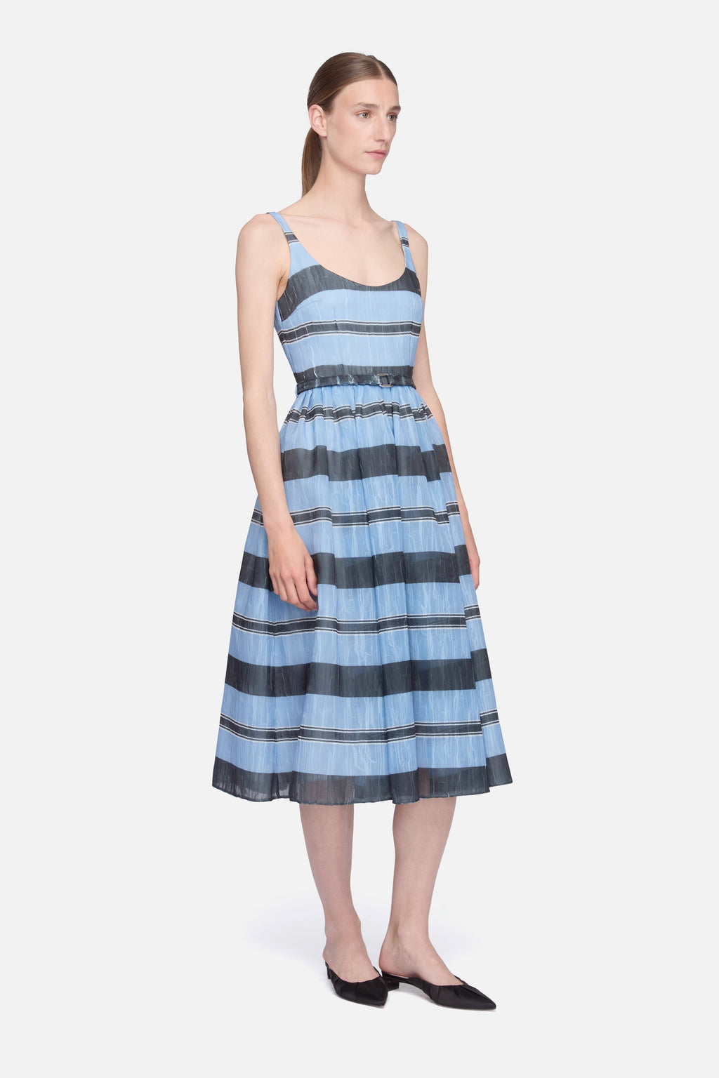 Eglantine Dress in Blue & Black Striped Textured Organza