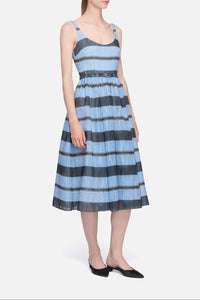 Eglantine Dress in Blue & Black Striped Textured Organza