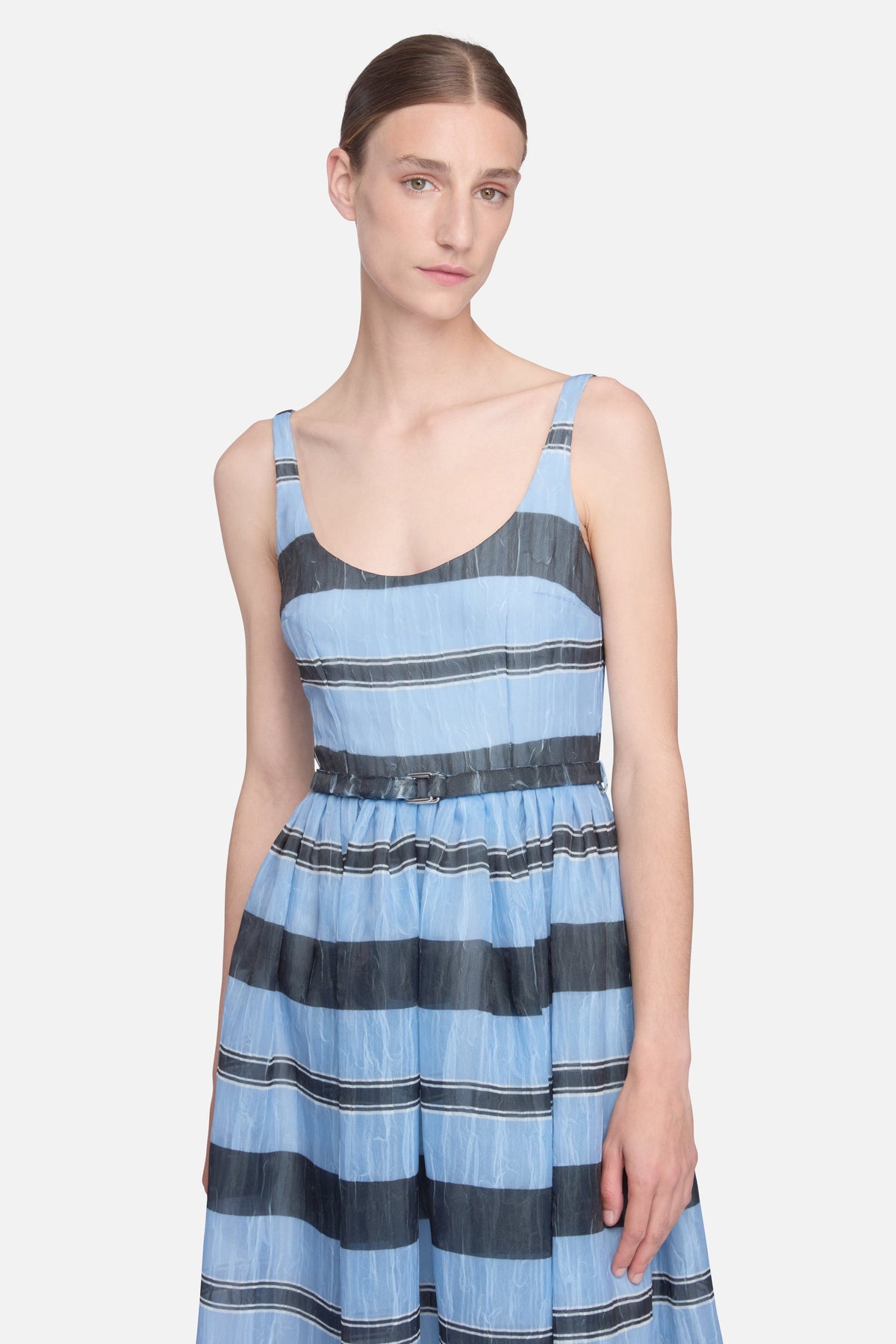 Eglantine Dress in Blue & Black Striped Textured Organza