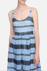 Eglantine Dress in Blue & Black Striped Textured Organza