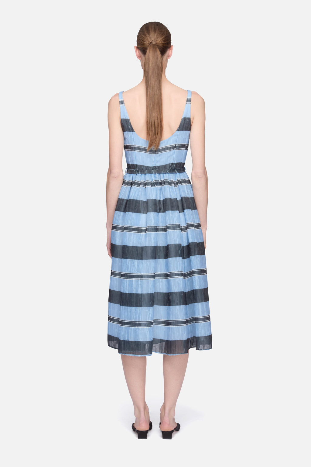 Eglantine Dress in Blue & Black Striped Textured Organza