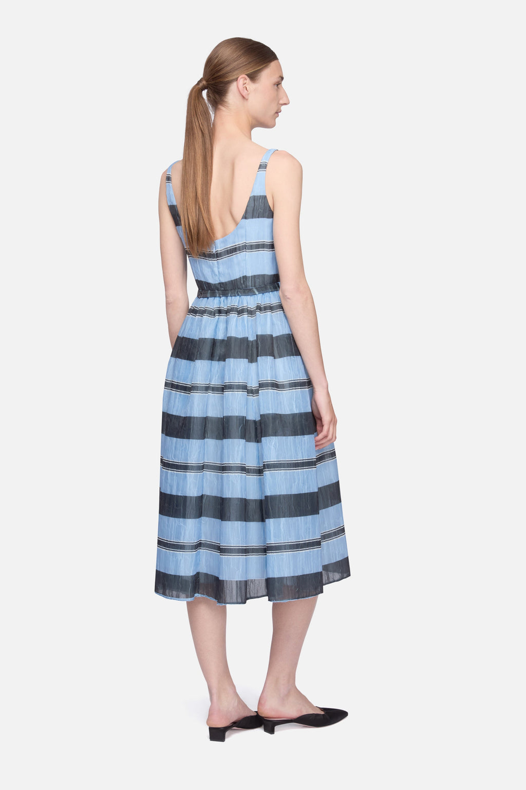 Eglantine Dress in Blue & Black Striped Textured Organza