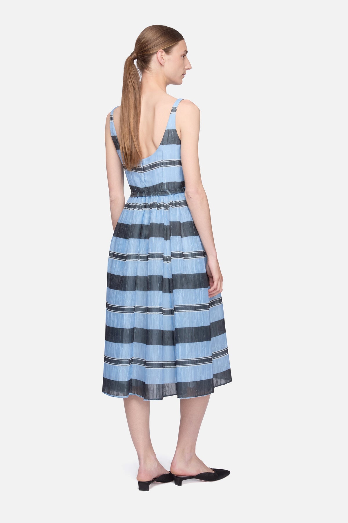 Eglantine Dress in Blue & Black Striped Textured Organza