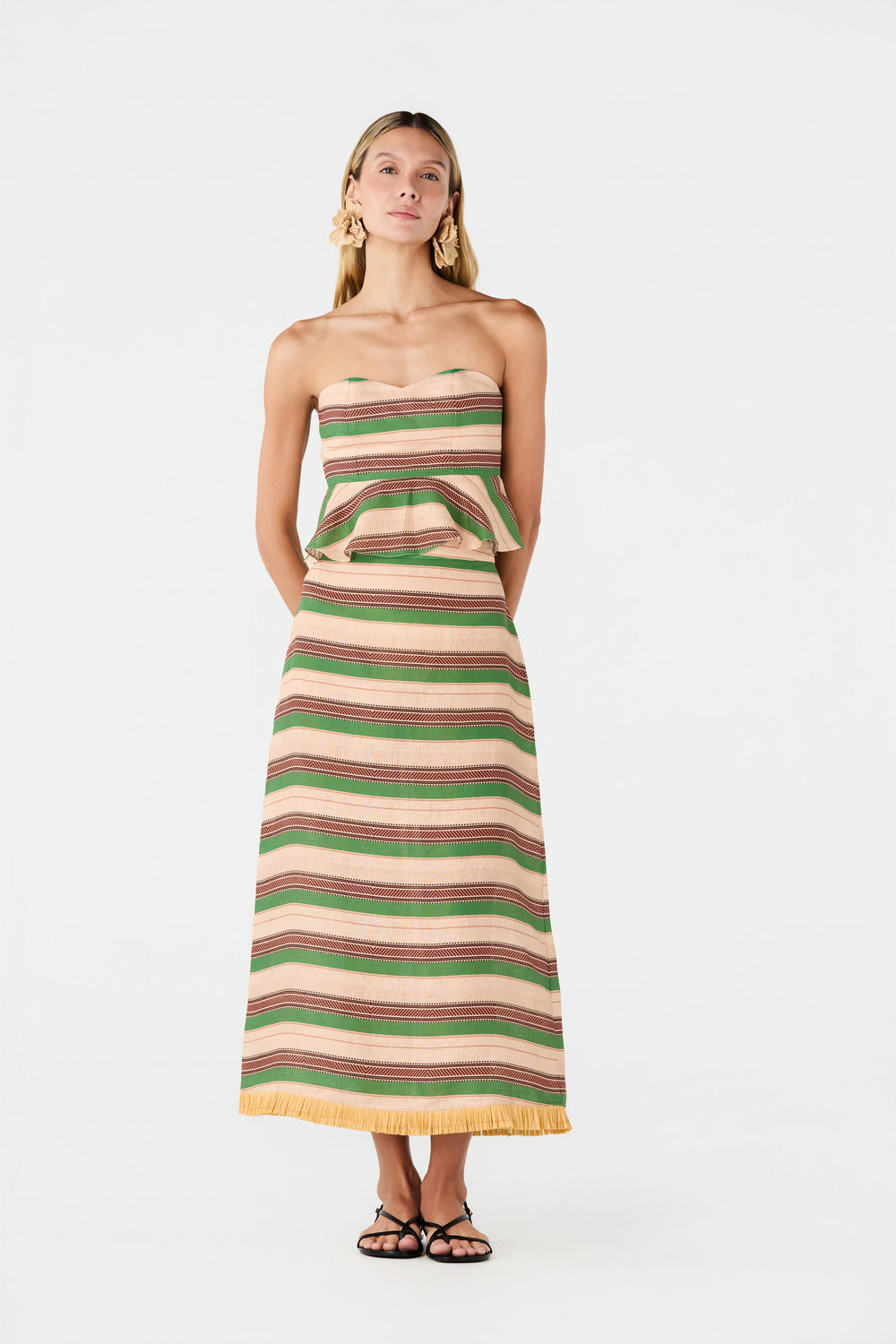 Peplum Linen Top in Green Artisanal Stripes