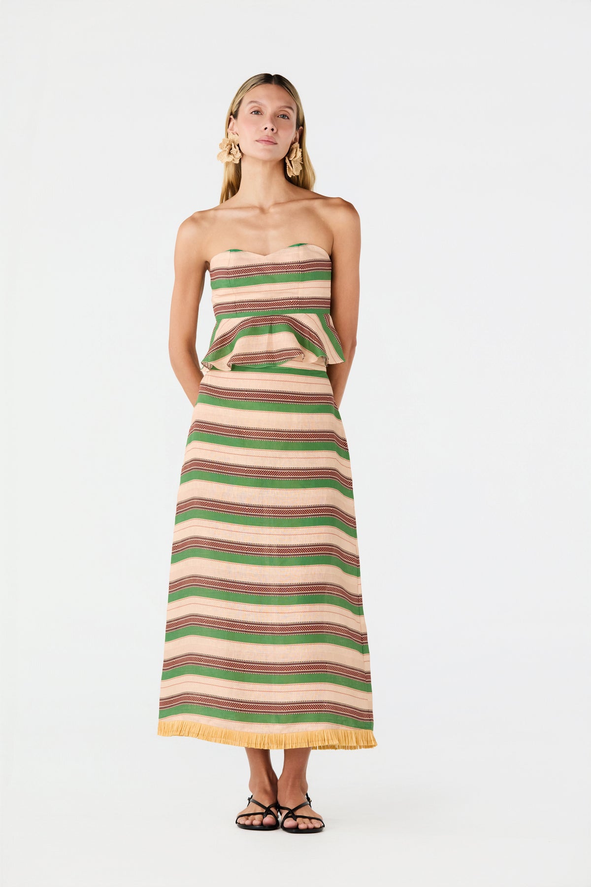 Peplum Linen Top in Green Artisanal Stripes