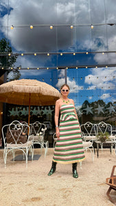 El Carmelo Linen Midi Skirt in Green Artisanal Stripes