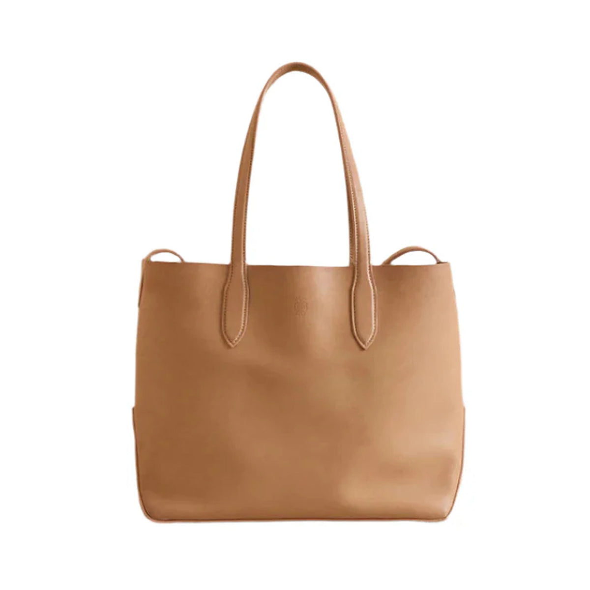 Front view of Eleanor 30 tote bag showcasing supple soft natural leather and long shoulder handles on white background