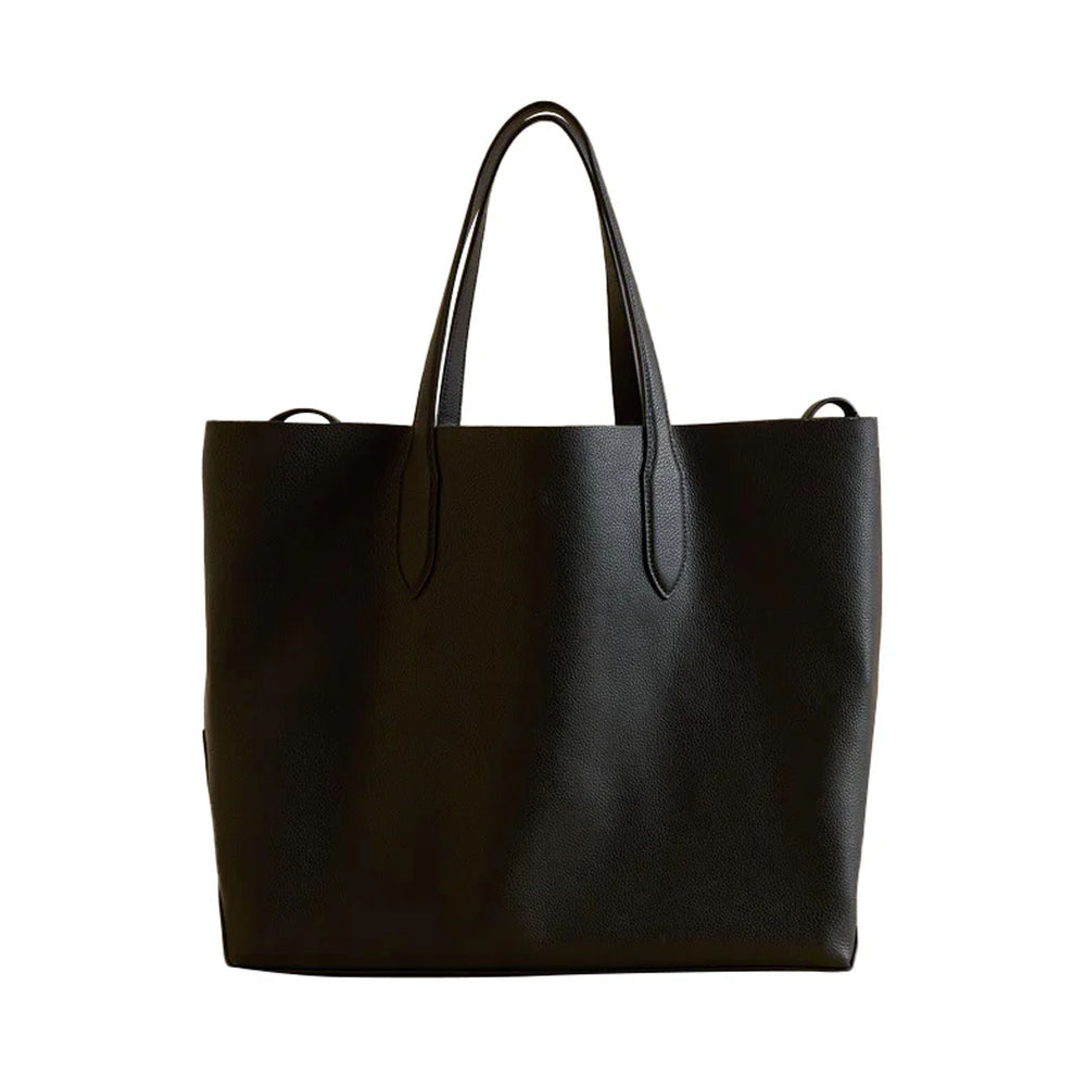 Front view of Eleanor 42 tote showcasing tumbled grain black calfskin leather, slim top handles and relaxed slouch silhouette on white background