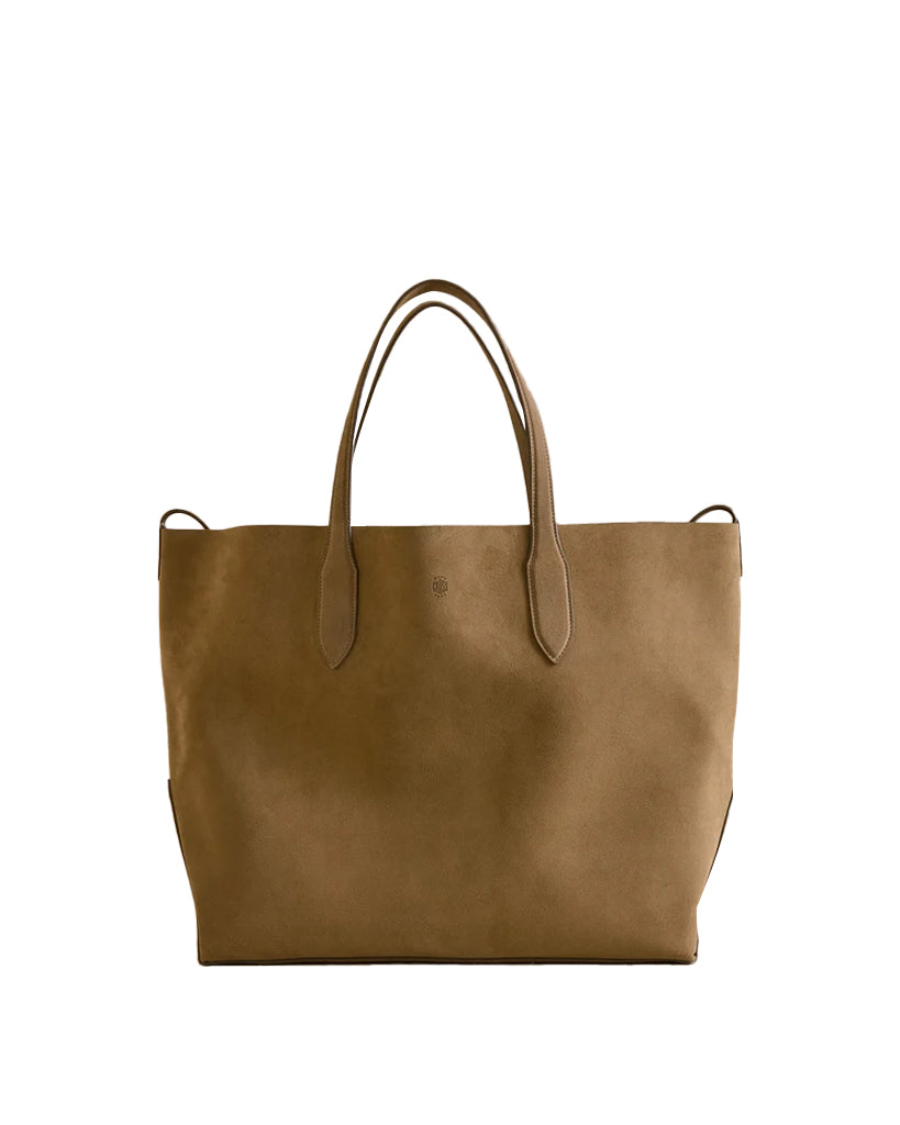 Front view of Eleanor 42 suede tote in mushroom showcasing double top handles and smooth suede finish on white background