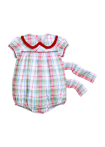 Little English traditional children's clothing.  Puff sleeve and ruffled peter pan collar bubble in red, blue, green, yellow, and white Douglas Plaid with red piping for baby girls for Christmas
