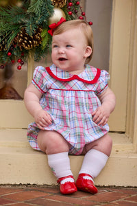 Little English traditional children's clothing.  Puff sleeve and ruffled peter pan collar bubble in red, blue, green, yellow, and white Douglas Plaid with red piping for baby girls for Christmas
