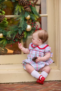 Little English traditional children's clothing.  Puff sleeve and ruffled peter pan collar bubble in red, blue, green, yellow, and white Douglas Plaid with red piping for baby girls for Christmas